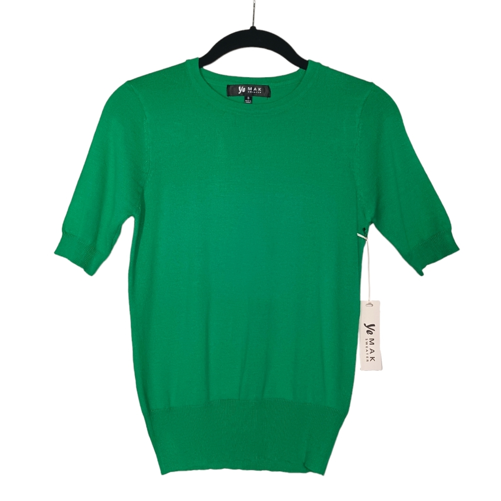 YE MAK SWEATER Green Short Sleeve Knit Stretchy Top Small NWT